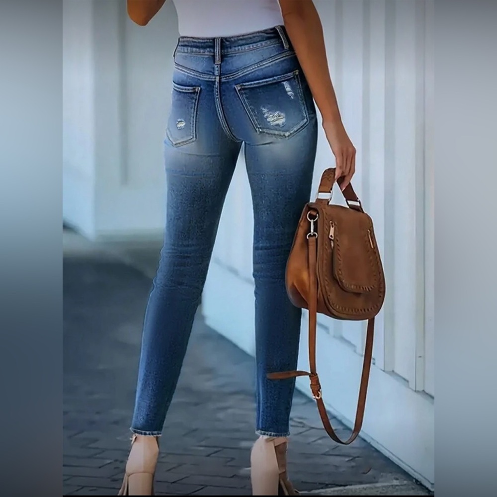 Brand New Blue High-Waisted Stretch Button Fly Crop Distressed Women’s Jeans - Picture 2 of 4